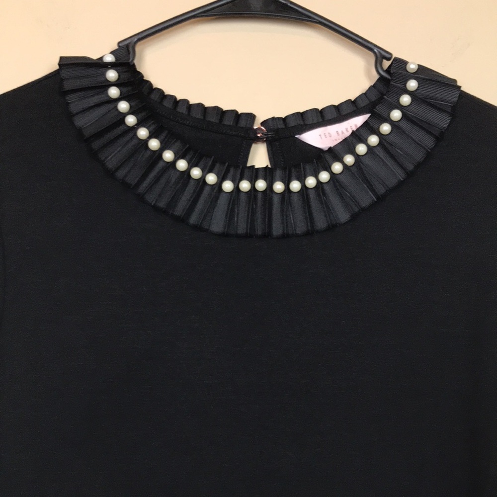Ted Baker Black Pleated Pearl-Trim Short Sleeve Top - Picture 2 of 7